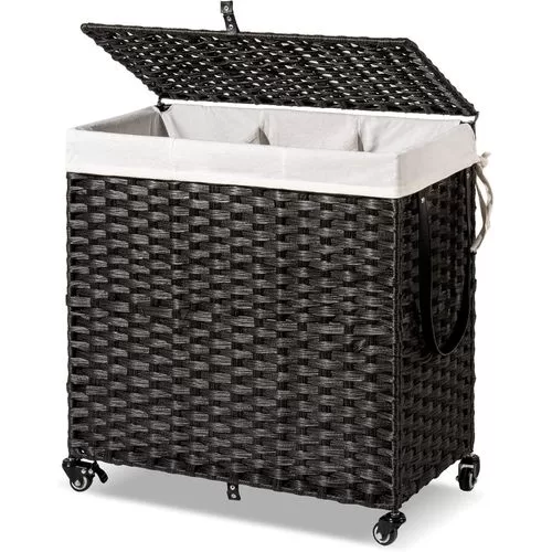 Laundry Basket with Wheels With Removable Liner Bag 3 Sections Divided Hamper Handwoven Synthetic Rattan Laundry Clothes Hamper Basket Bin With Lid And Handles For Laundry Room Bedroom Bathroom Closet