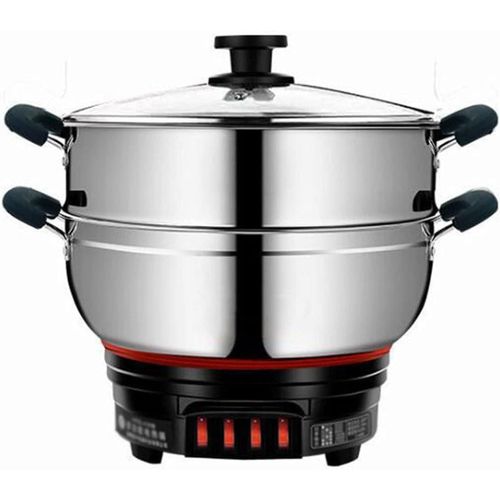 28cm Electric Multi-Function Stainless Steel 2-Tier Food Steamer Electro-Thermal Non-stick Soup Pasta Cooking Hot Pot Frying Pan Electric Skillet Wok Can Be Applied to Kitchens, Restaurants