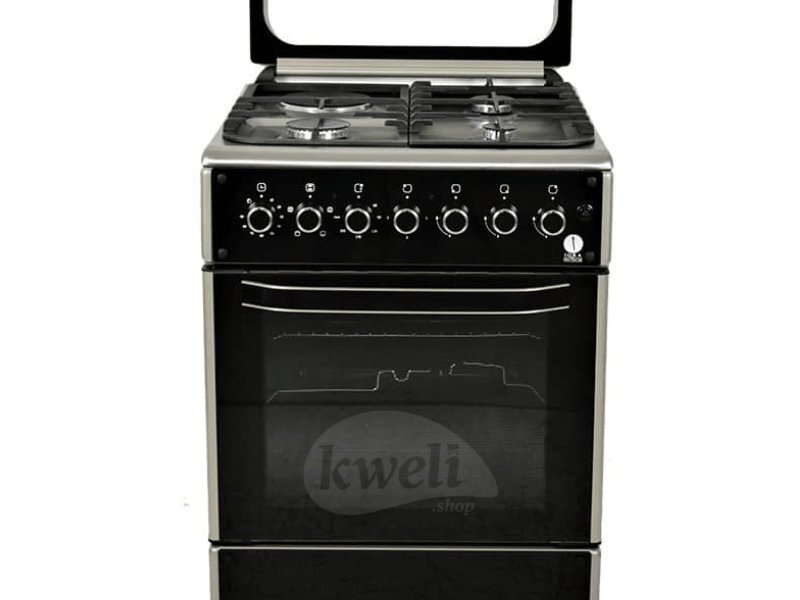 Buy new IQRA 60cm Cooker IQ-FC7011-SS with Fan; 3 Gas Burners + 1 Electric Plate, Electric Oven and Grill, Oven Timer, Cast Iron Pan Support in Uganda - - Free Delivery > Long warranty > Lifetime Afte