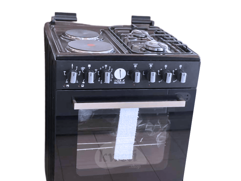 Buy new IQRA 60cmX60cm Cooker IQ-FC6022-BLK; 2 Gas Burners + 2 Electric Plates, Electric Oven and Grill, Timer, Glass Lid, Enamel Pan Support, Black in Uganda - - Free Delivery > Long warranty > Lifet