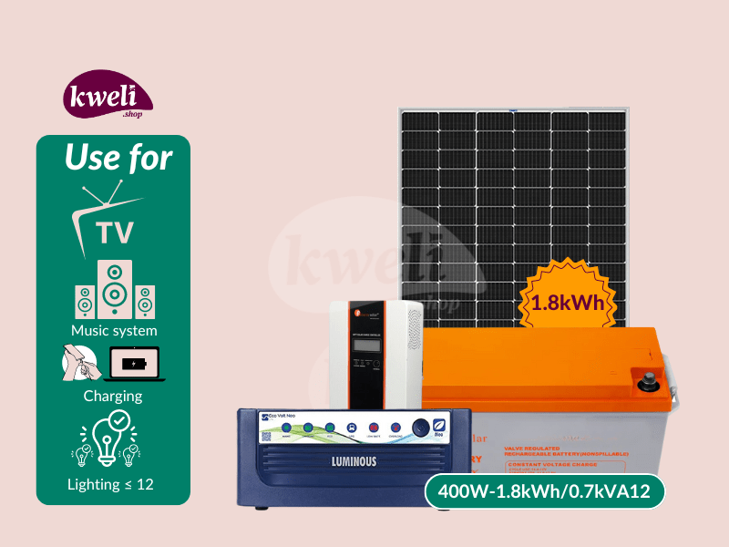 Buy new Kweli Energy 400W-1.8kWh-0.7kVA12V Complete Solar System - Gel; 400-watt Solar System to power upto 12 Bulbs, Woofer(Music), TV, Laptop and Phone Charging for 6-12 hours in Uganda - - Free Del