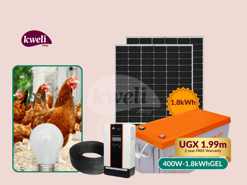 Buy new Kweli Energy 400W1.8kWh Solar Lighting System for a Poultry Farm (Chicken House); 20 bulbs for 24 hours in Uganda - - Free Delivery > Long warranty > Lifetime After-sales Support