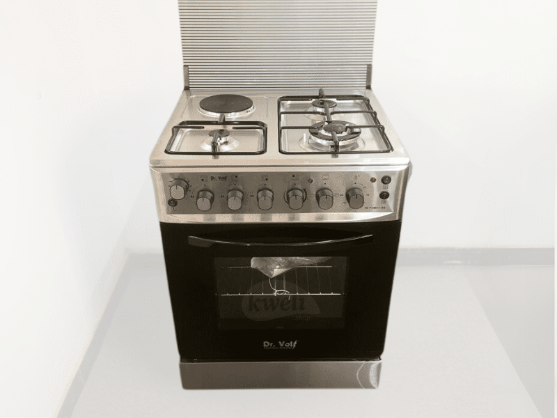 Buy new DR VOLT 60cm Gas & Electric Cooker IQ-FC6611SS; 3 Gas + 1 Hot Plate, Pulse Ignition, Enamelled Pan Support, 64L Oven with Lamp, Rotisserie & Thermostat in Uganda - - Free Delivery > Long warra