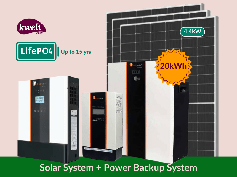 Buy new Kweli Energy 4.4kW-20kWh-5kVA LifePo4 (Lithium) Hybrid Solar System & Power Backup Solution; 48V Complete Solar System for home, business or institution in Uganda - - Free Delivery > Long warr