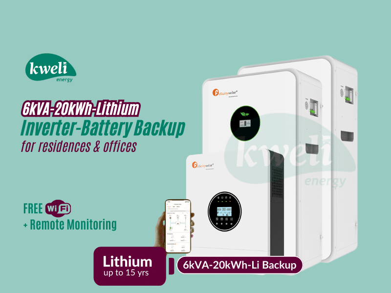 Buy new Kweli Energy 6kVA-20kWh Lithium Battery-Inverter Backup System; Automatic Switchover, FREE Remote Monitoring via WiFi, Charge with Grid/UEDCL, Generator or Solar in Uganda - - Free Delivery > 