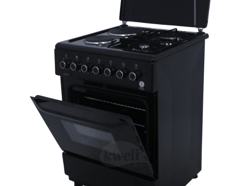 Buy new IQRA 60cm Cooker IQ-FC6221-BLK; 2 Gas Burners + 2 Electric Plates, Electric Oven and Grill, Timer, Enamel Pan Support, Black in Uganda - - Free Delivery > Long warranty > Lifetime After-sales 