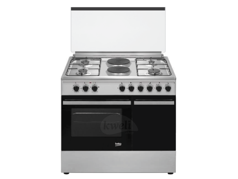 Buy new Beko 90cm Cooker BGES901; 4 Gas Burners, 2 Electric Plates, Electric Oven with Fan, Gas Cylinder Compartment, Rotisserie, Cast Iron Pan Supports, Dle Glass Door, Stainless Steel Finishoub in U