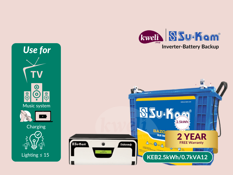 Buy new Kweli-Su-kam 2.5kWh-700VA-TUB Power Backup System; Run 10-15 Bulbs, TV, Fan, DC Iron, Phone & Laptop Charging for up to 24 Hours in Uganda - - Free Delivery > Long warranty > Lifetime After-sa