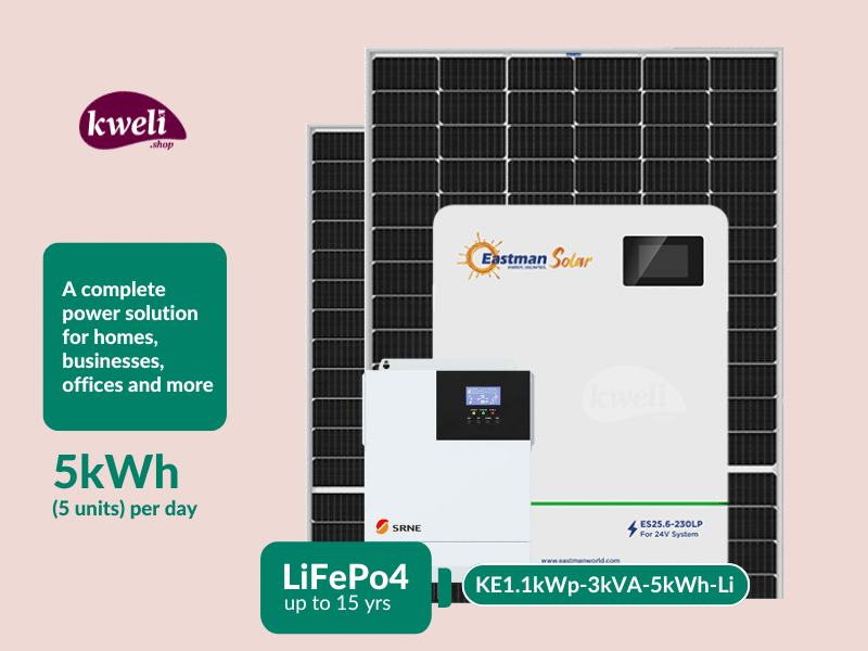 Buy new Kweli Energy 1.1kWp3kVA5kWh-Lithium Hybrid Solar System with WiFi Remote Monitoring; Complete Solar System for home or office in Uganda - - Free Delivery > Long warranty > Lifetime After-sales
