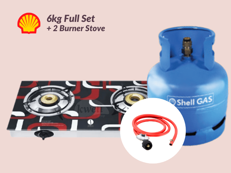 Buy Shell Gas 6kg Full Set with 2-Burner Glass-top Gas Stove - Ready to Cook; 6kg Gas, Low Pressure RegulaIator, Hosepipe in Kampala - kweli.shop