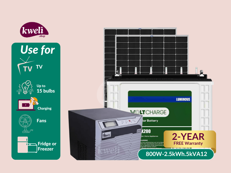Buy new Kweli Energy 800W-2.5kWh-1.6kVA12V Hybrid Solar System & Power Backup System; Run upto 15 Bulbs, Fridge, TV, Laptop and Phone Charging for 8-12 hours in Uganda - - Free Delivery > Long warrant