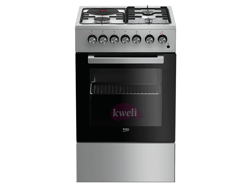 Buy new Beko 50x60cm Cooker FSS53110GS; 3 Gas Burners + 1 Hotplate Hob, Electric Oven, Grill, Rotisserie, Glass Lid, Silver in Uganda - - Free Delivery > Long warranty > Lifetime After-sales Support
