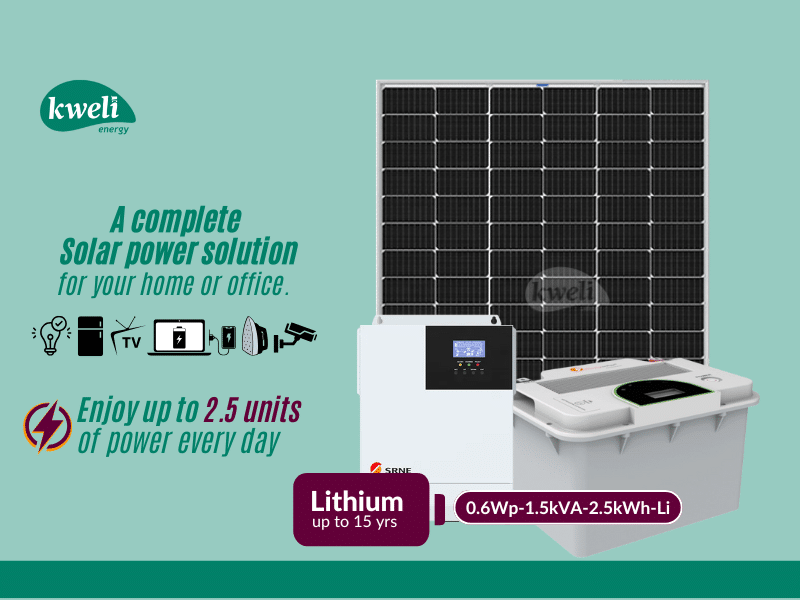 Buy new Kweli Energy 0.6kWp1.5kVA2.5kWh12 Lithium Hybrid Solar System; Enjoy up to 2.5 units of Solar Power daily in Uganda - - Free Delivery > Long warranty > Lifetime After-sales Support
