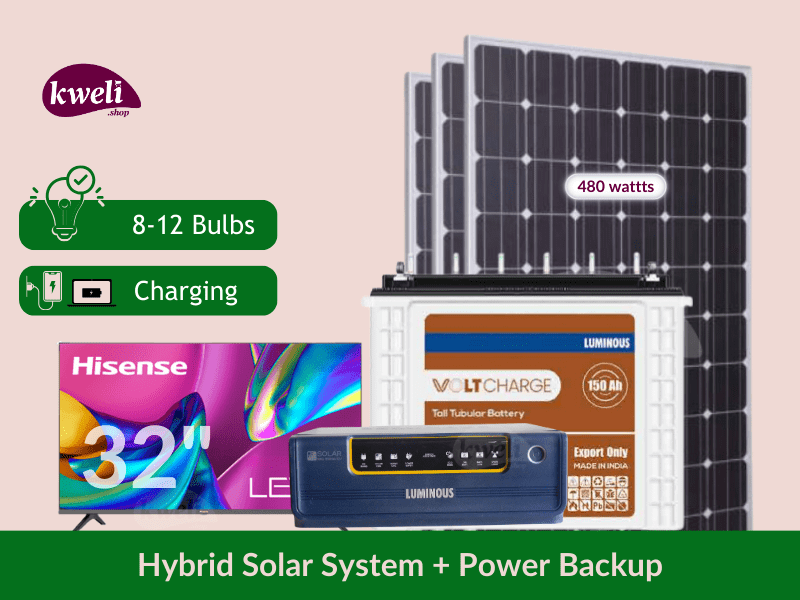 Buy new Kweli Solar System & Power Backup with 32 inch TV; Power upto 12 Bulbs, TV, Laptop and Phone Charging for 8-12 hours, 480watts/1.8kWh System in Uganda - - Free Delivery > Long warranty > Lifet