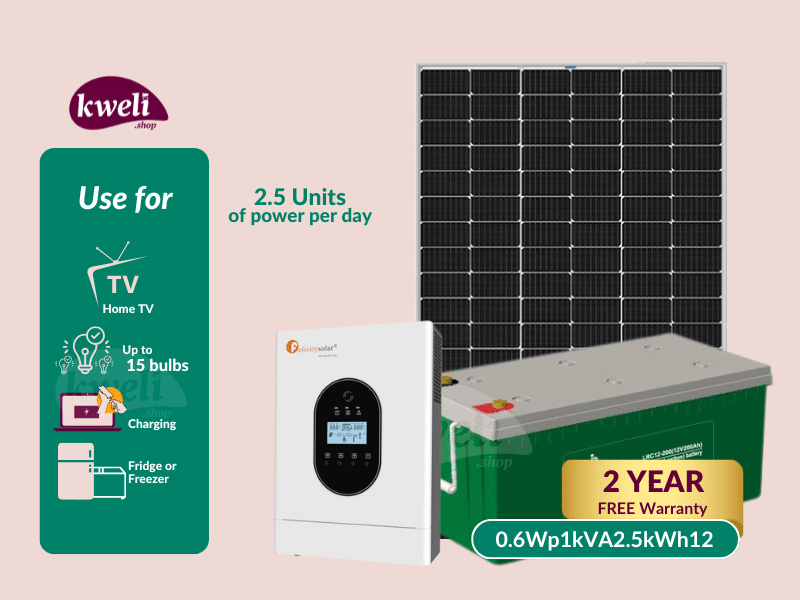 Buy new Kweli Energy 600Wp-1kW-2.5kWh Lead Carbon Hybrid Solar System for a Home; Run upto 15 Bulbs, Fridge, TV, Laptop and Phone Charging in Uganda - - Free Delivery > Long warranty > Lifetime After-