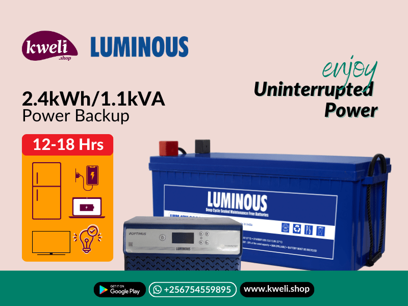 Buy new Kweli 2.4kWh-1.1kVA-LSMF Power Backup System; Run 10-15 bulbs, TV, Small Fridge, Phone & Laptop charging for up to 18 hours in Uganda - - Free Delivery > Long warranty > Lifetime After-sales S