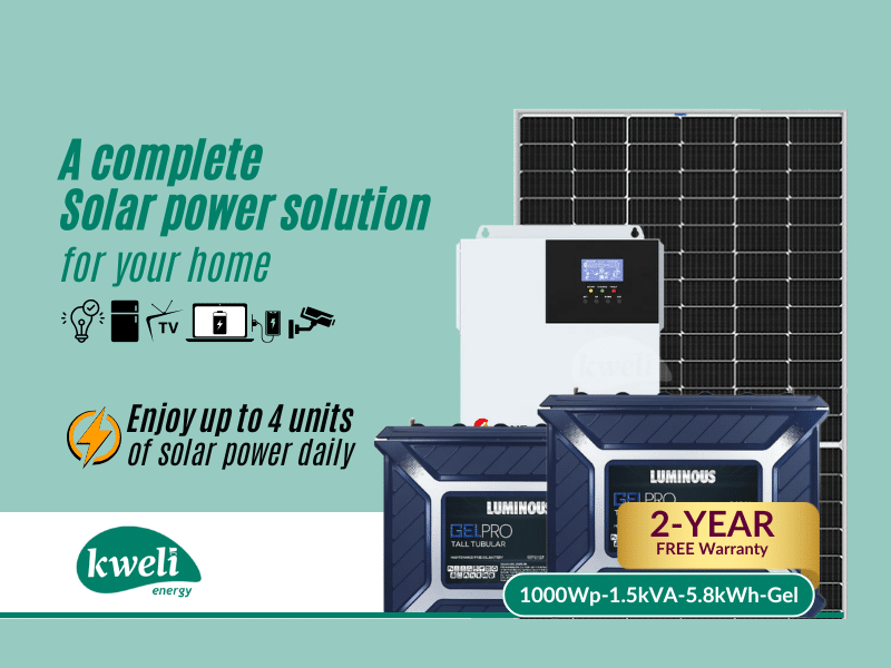Buy new Kweli Energy 1kWp1.5kVA5.8kWh-Gel Hybrid Solar System; Enjoy up to 4 units of solar power daily – power your lights, TV, fan, fridge, cameras and more in Uganda - - Free Delivery > Long warran