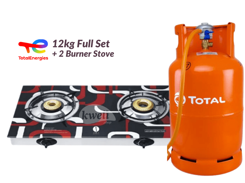 Buy Total Gas 12kg Full Set with 2-Burner Glass-top Gas Stove - Ready to Cook; 12kg Gas, Low Pressure RegulaIator, Hosepipe in Kampala - kweli.shop