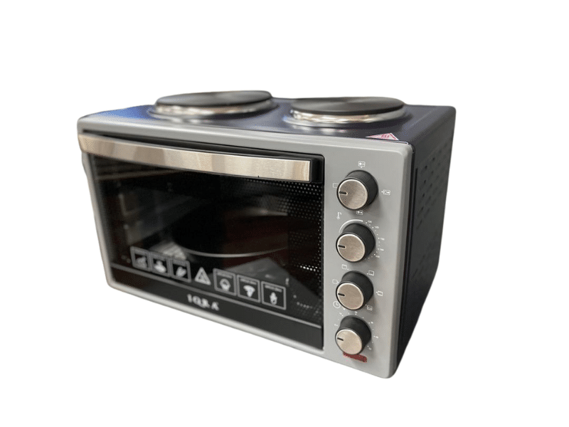 Buy new Iqra 30L Premium Electric Oven with Hot Plates IQ-EO38HP; 1600W + 2 Hot Plates (1000W + 600W), 60-min Timer, Rotisserie, Pizza Tray, Oven Lamp in Uganda - - Free Delivery > Long warranty > Lif