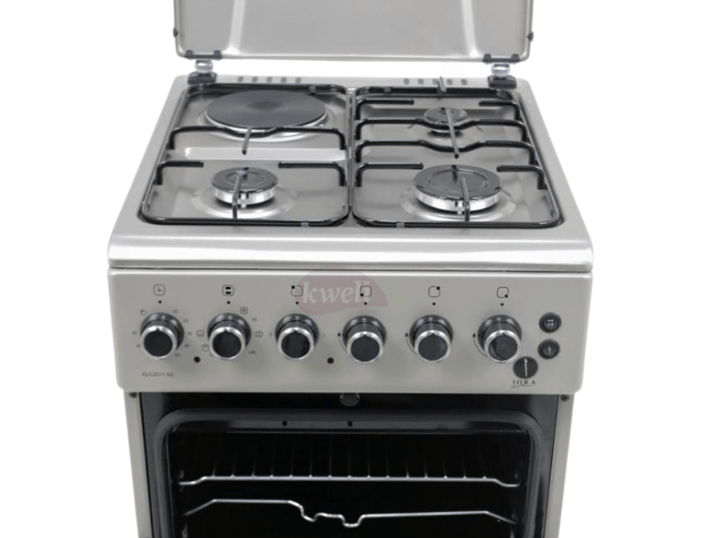 Buy new IQRA 50x60cm Cooker IQ-FC2011-SS; 3 Gas Burners + 1 Electric Plate with Electric Oven and Grill, Oven Timer in Uganda - - Free Delivery > Long warranty > Lifetime After-sales Support