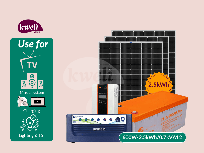 Buy new Kweli Energy 600W-2.5kWh-0.7kVA12V Complete Solar System - Gel; 600-watt Solar System to power upto 15 Bulbs, Woofer(Music), TV, Laptop and Phone Charging for 8-12 hours in Uganda - - Free Del