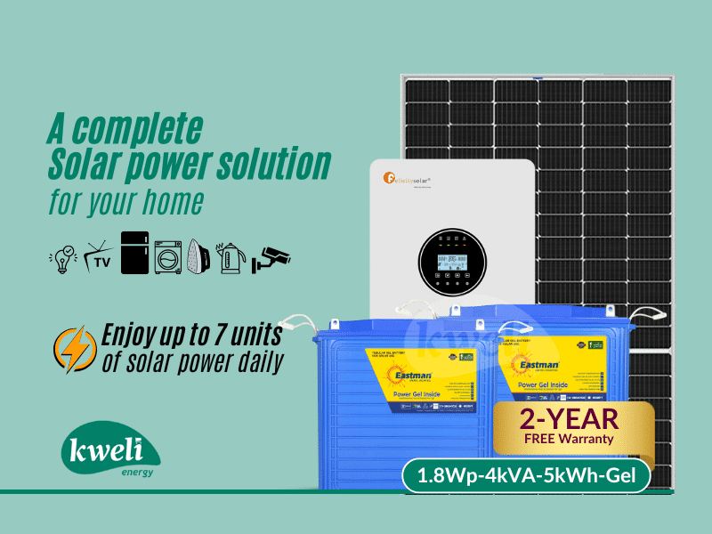 Buy new Kweli Energy 1.8kWp4kVA5kWh-Gel Smart Hybrid Solar System; Enjoy up to 7 units of solar power daily – power your lights, washer, Iron , TV, fan, fridge, cameras in Uganda - - Free Delivery > L