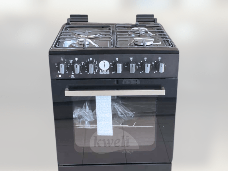 Buy new IQRA 60cmX60cm Cooker IQ-FC6031-BLK; 3 Gas Burners + 1 Electric Plate, Electric Oven and Grill, Timer, Glass Lid, Enamel Pan Support, Black in Uganda - - Free Delivery > Long warranty > Lifeti