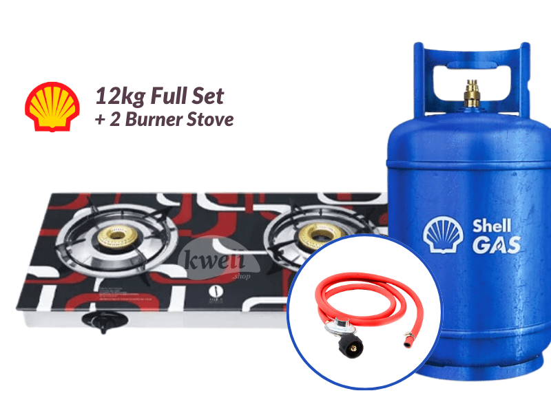 Buy Shell Gas 12kg Full Set with 2-Burner Glass-top Gas Stove - Ready to Cook; 12kg Gas, Low Pressure RegulaIator, Hosepipe in Kampala - kweli.shop