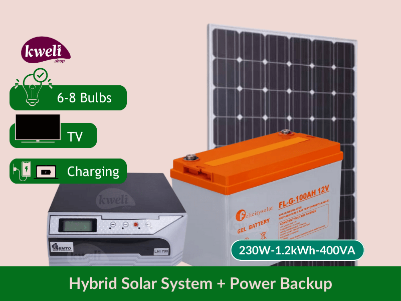 Buy new Kweli Energy 230W-1.2kWh-400VA Complete Solar System & Power Backup; Power upto 8 Bulbs, TV, Laptop and Phone Charging for 8-12 hours, 230-watt Complete System in Uganda - - Free Delivery > Lo