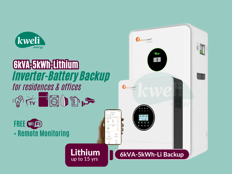 Buy new Kweli Energy 6kVA-5kWh Lithium Battery-Inverter Backup System; Automatic Switchover, FREE WiFi plus Remote Monitoring, Charge with Grid/UEDCL, Generator or Solar in Uganda - - Free Delivery > 