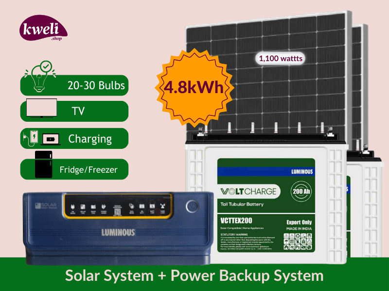 Buy new Kweli Energy 1.1kw-5kWh-1.5kVA Hybrid Solar System & Power Backup Solution - Tubular; Complete Solar System to Power 25 Bulbs, Fridge, TV, Home Theater, Fan, Laptop and Phone Charging, Interne