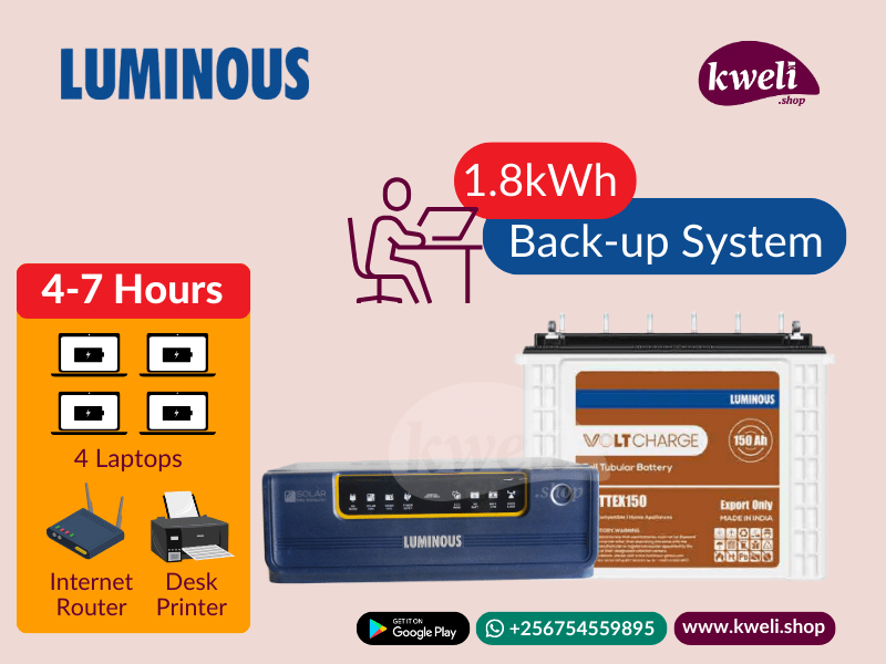 Buy new Luminous 1.8kWh 850watt Office Power Back-up System; Run 4 laptops, Printer and Internet Router for up to 7 hours in Uganda - - Free Delivery > Long warranty > Lifetime After-sales Support