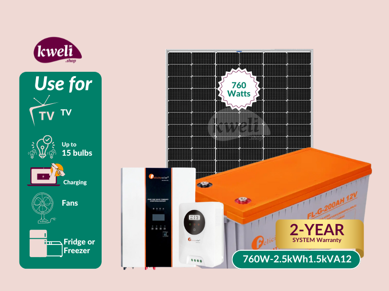 Buy new Kweli Energy 760Wpv-2.5kWh-1.5kVA12V Offgrid Solar System for Home; Run upto 15 Bulbs, Fridge, TV, Laptop and Phone Charging in Uganda - - Free Delivery > Long warranty > Lifetime After-sales 