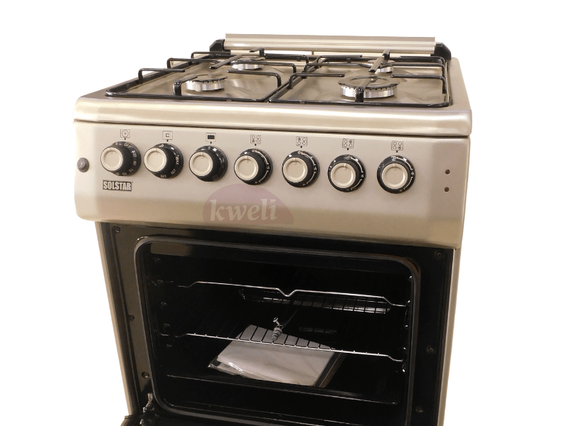 Buy new Solstar 60x60cm Gas Cooker SO640DERATINBSS; 4 Gas Burners, Electric Oven, Grill, Rotisserie, Silver in Uganda - - Free Delivery > Long warranty > Lifetime After-sales Support