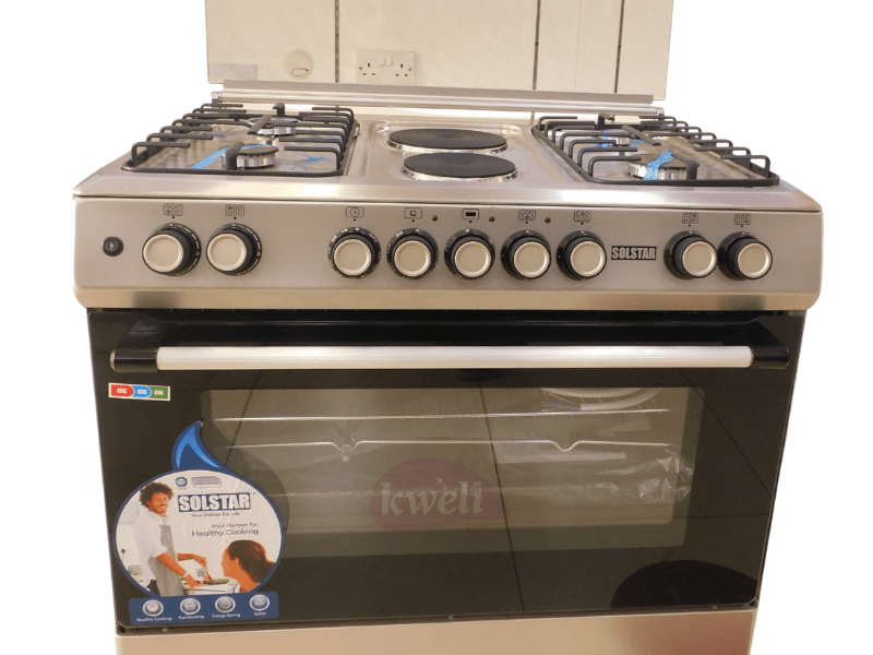 Buy new Solstar 90x60cm Cooker SO942DEINBSS; 4 Gas Burners, 2 Electric Plates, Electric Oven, Grill, Rotisserie, Silver in Uganda - - Free Delivery > Long warranty > Lifetime After-sales Support