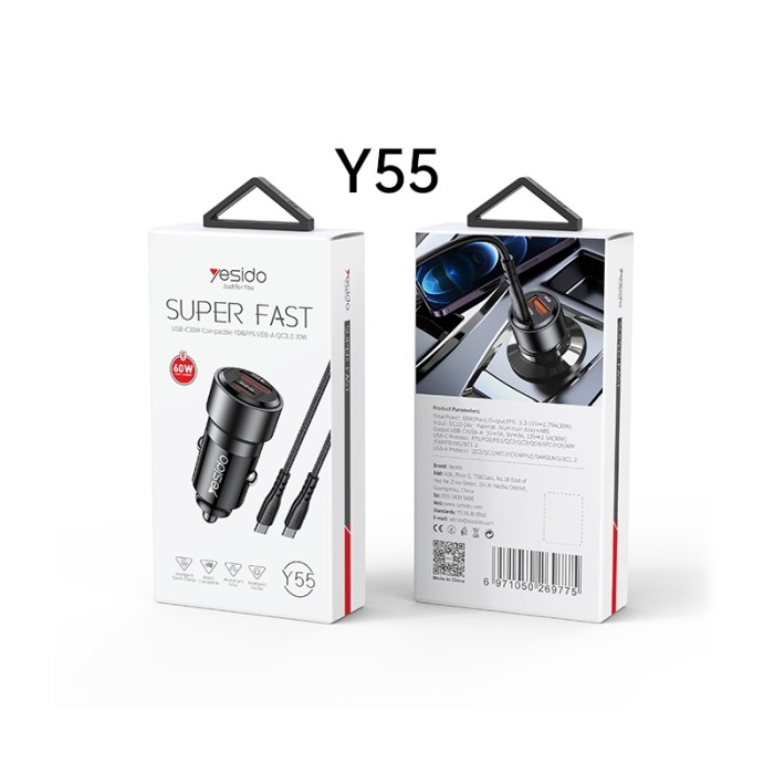 Yesido Y55 With Double Type-C USB-C Port Line Car Charger QC3.0+PD30W Type-C USB-C+USB Dual Port Quick Charger Black