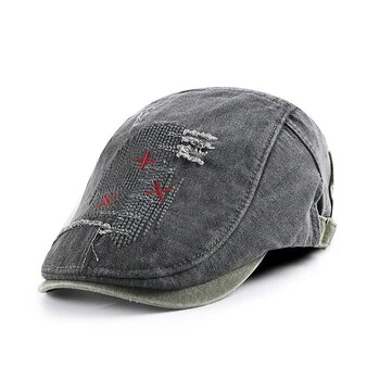Collrown Denim Beret Hat Vintage Casual Plochý Klobouk pro Muže Vyšívaný Patchwork Stárnutý Špičatý Klobouk Venku Retro Klobouky