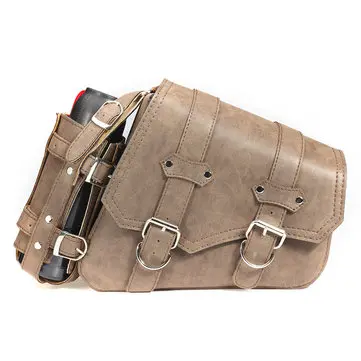 Vintage Hnědá PU Kožená Levá/Pravá Boční Tašky na Stažení W/ Držák na Lahvi Pro Harley Davidson