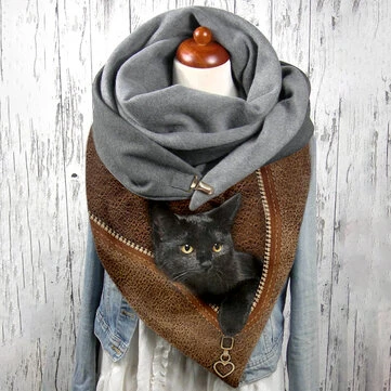 Ženy roztomilý 3D Vision Cartoon Black Cat Pattern Neck Protection Warm Šála