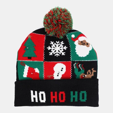 Dětský a dospělý klobouk Jacquard s potiskem písmeny, vzorem karikatur a světelným LED světlem vhodný na Štědrý den