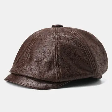 Muži Prasklé PU Kůže Newsboy Hat Retro Beret Kšiltovky