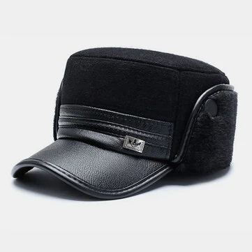 Mænds uldstof PU-kant Patchwork Metal Label Udendørs ørebeskyttelse Varme Flad Kasket