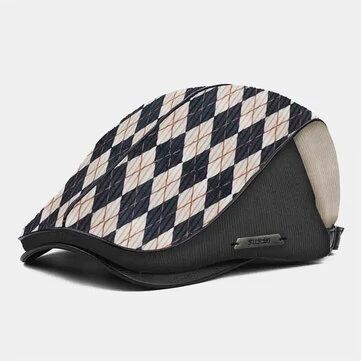 Collrown Mænd Rhombus Lattice PU splicing Strikket Beret Flat Cap Newsboy Hat Cabbie Kørsel Hat
