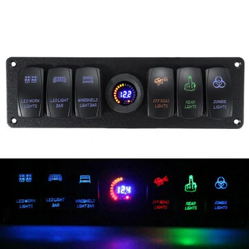 12V-24V 6 Gang LED Digital Voltmeter Marin Ignition Toggle Rocker Switch Panel
