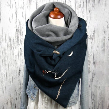 Kvinde Kat og Måne Trykning Mønster Blød Personlighed Nakkebeskyttelse Hold Varm Tørklæde