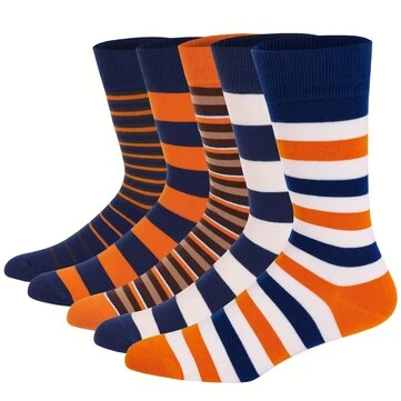 5 par mænds sjove dress-sokker, bomulds lange sokker, cool funky crew-sokker til mænd, plus størrelse farverige stribede sjove novelty-sokker