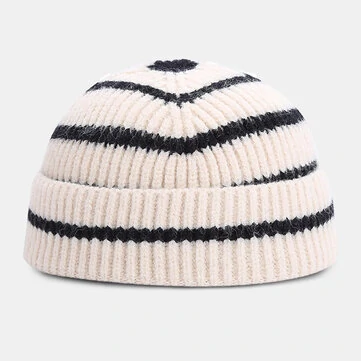 Unisex Farvekontrast Stribet Dome Strikket Hat Ørebeskyttelse Varme Brimless Beanie Skull Cap