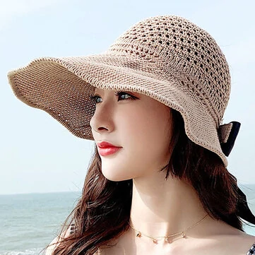Kvinders hukommelses stål wire kant bue design stråhat sammenfoldelig stor kant sommer solbeskyttelse tom top hat bøtte hat