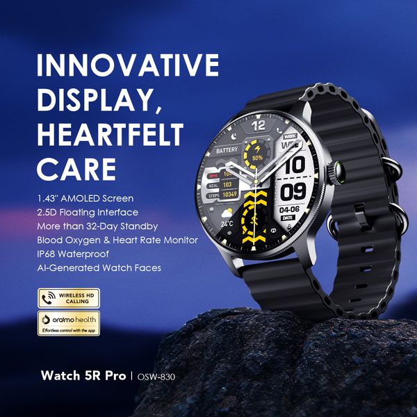 Oraimo Watch 5R Pro 1.43" AMOLED 2.5D Floating Interface IP68 Smart Watch OSW-830