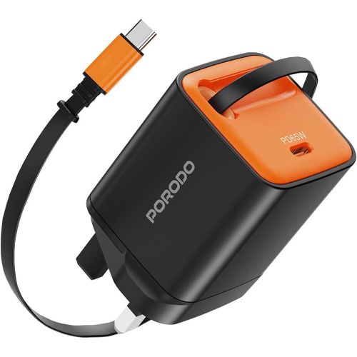 Porodo TEZPATRO 65W GaN Charger, Type C Wall Charger with Fast Charging, 65W PD Output, 80cm Retractable USB-C Cable, Compatible with iPhone 17/ 17Pro/ 17Pro Max/16/15/14, Samsung S25/S24/S23